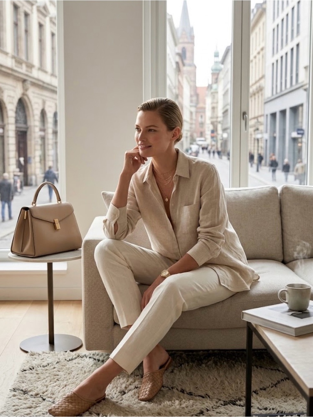 Sigrid Olsen Neutral Linen Shirt with Cream Straight-Leg Trousers